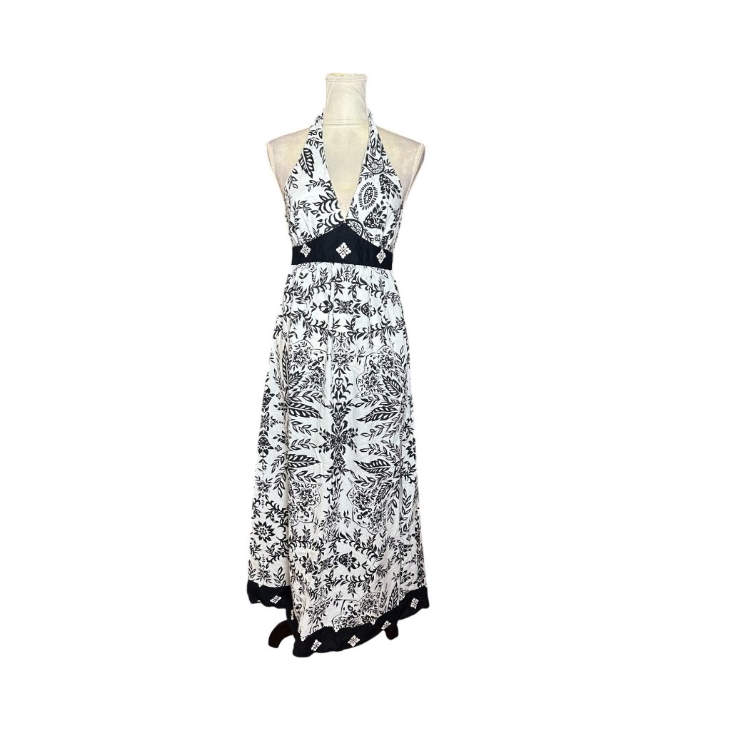 Speed Control New York Black White Floral Halter Maxi Dress Boho Resort
